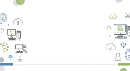 Line art illustration of interconnected computers, cloud networks, and digital data processing on a white background.