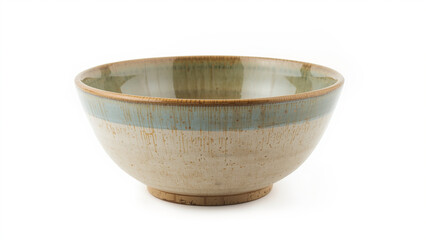 Ceramic bowl with blue and brown glaze details on white background