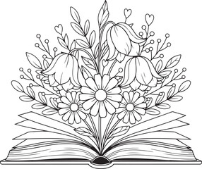 Floral book illustration for coloring activities with detailed blossoms leaves and berries growing from open pages