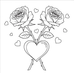 Two roses and heart vector outline, floral line art drawing, hand drawn flowers isolated on transparent background