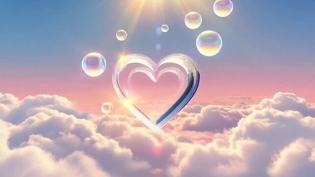 Shimmering cylindrical object rising through fluffy white clouds towards a radiant sun with bubbles floating in the air at sunrise or sunset