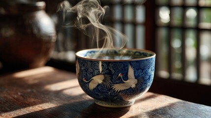 A porcelain teacup rests on a dark wooden table, its surface adorned with delicate blue brushwork waves and cranes flowing around its curve