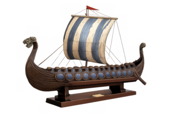 Viking longship scale model representing norse maritime history and exploration, featuring an iconic striped sail with transparent background