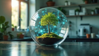 Fototapeta premium Tree in glass sphere connected by glowing blue network lines. Green island with moss and soil floats inside. Background shows kitchen interior with window.