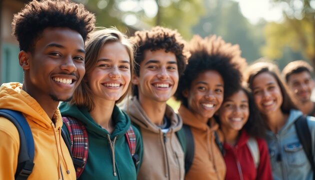 Diverse group of happy teens with backpacks smile outdoors. They are friends enjoying school life. Young people bond together in casual warm weather.