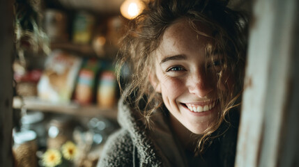 Local Discovery: Smiling Woman Peering into a Vintage General Store at Golden Hour