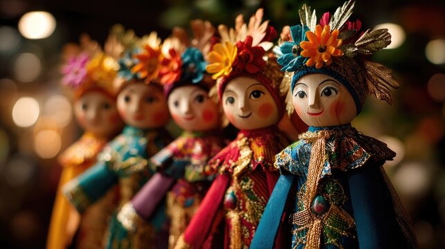 Traditional Ondel Ondel Doll Set Highlighting Indonesian Heritage Vibrant Colors And Festive Craft Detail
