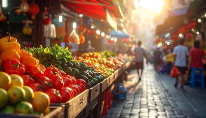 Bustling outdoor market scene with rows of fresh produce in the foreground, shoppers stroll down a sunlit cobbled street
