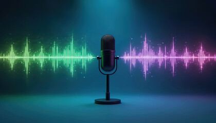 Pro microphone on stand with green and purple sound waves. Digital audio signal visualized. Modern concept for music production, podcasting, or broadcasting.