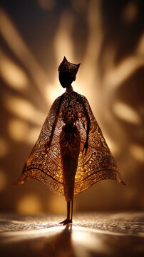 Traditional Wayang Kulit Puppet With Detailed Leather Carvings Projecting Light And Shadow On White Screen
