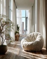 Minimalist Interior Architecture with boucl? cocoon Chair and Sheer White Curtains