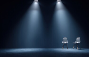 Empty stage lit by spotlights. Two white chairs centered