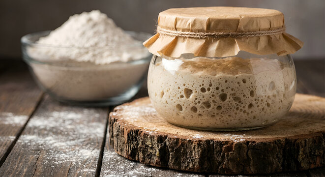 Sourdough starter in glass jar with flour on background. Organic homemade baking. Healthy bread. wild yeast, natural fermentation