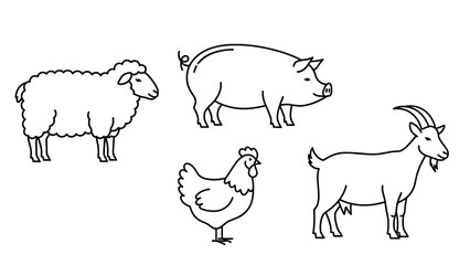 Fototapeta premium A farm animals collection featuring a black vector silhouette set of a cow, pig, goat, and sheep design for agriculture and nature illustration