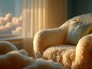 Detailed Texture of  boucl? chair  with Luminous Morning Sunlight