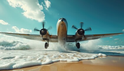 Twin engine airplane lands on sandy beach splash. Big wave hits aircraft fuselage, sea spray flies. Propeller plane near ocean shore under blue sky.
