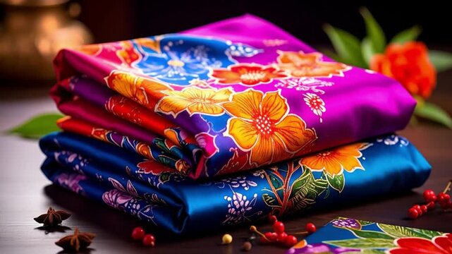Colorful floral fabric textiles arranged with vibrant patterns and designs