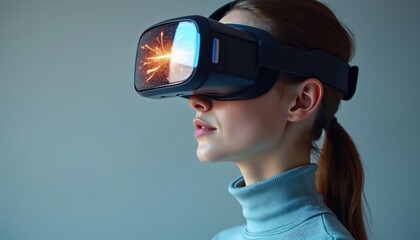 Young woman wears virtual reality headset exploring digital world. Futuristic headset offers immersive experience with bright graphics. Girl uses modern tech for entertainment or education.