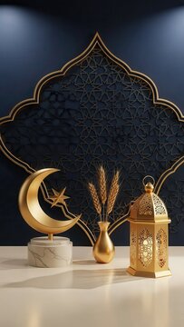 Elegant gold Ramadan decorations on modern table with dark background