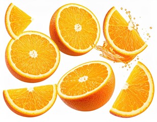 Sliced and whole citrus fruit with juice droplets on white