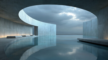 Reflective Tranquility: Minimalist Concrete Atrium with Oculus and Water-Covered Floor in Cloud Dancer Tones