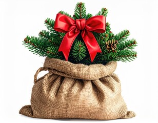 Festive burlap sack brimming with evergreen sprigs and a red bow