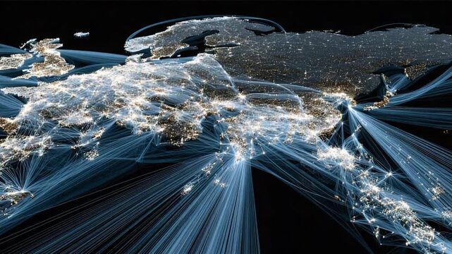Global Network: A visualization of global connectivity, showcasing the intricate web of communication and transportation routes that link continents and nations together.