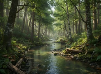 Obraz premium Serene forest scene with a winding stream and dappled sunlight