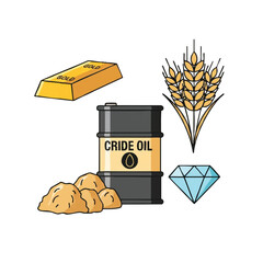 Cartoon illustration of a crude oil barrel with gold bar, wheat, diamond, and coal on a white background, conveying a cute and playful mood with a flat lay composition.