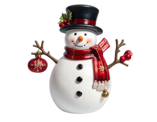 Cheerful snowman with holly hat, scarf, and ornament