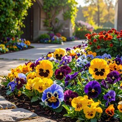 A vibrant flower bed overflowing with pansies, framing a stone path