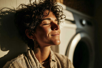 Photo of non-binary person finding peace and meditating in a bright laundry room