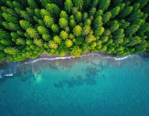 Obraz premium Aerial drone view of rich green forest meeting clear blue ocean waves. Coastline edge with dense trees and calm sea water. Natural landscape beauty from above.