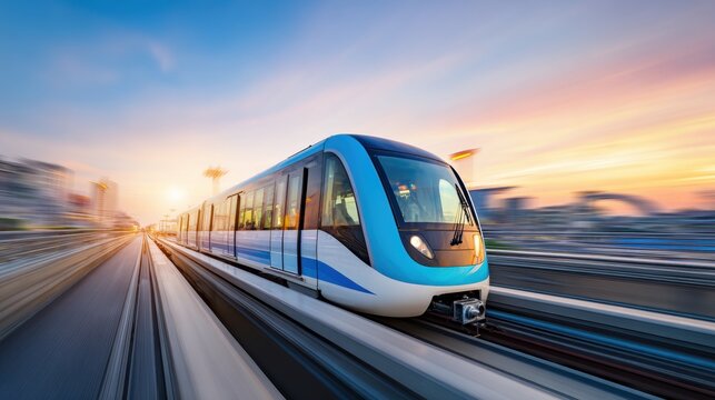 Modern blue and white train moving swiftly on elevated tracks during sunset with motion blur effect
