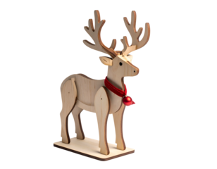 Wooden reindeer figure with red collar and bell