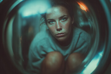 Artistic reflection photo of a person resting in a laundry room