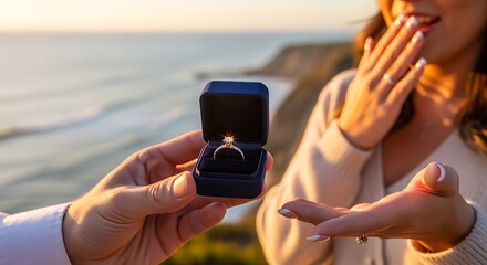 Man offering engagement ring in box to woman near ocean at sunset