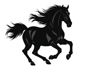 Silhouette of a black horse in mid-gallop against a white background