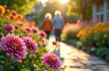 Obraz premium Elderly couple walks on garden path near bright flowers at sunset. Couple strolls through colorful flowerbeds. Peaceful seniors enjoy nature at warm golden hour light.