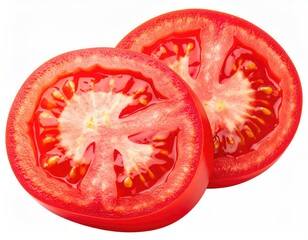 Two tomato slices showing juicy interior. White background
