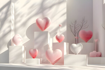 3D heart-shaped geometric podiums on white background