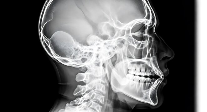 Radiographic image displays a detailed profile view of human cranial and upper cervical skeletal structures