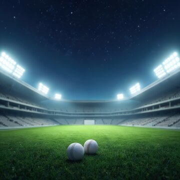 Two cricket balls rest on perfectly manicured stadium field under bright floodlights at night. Empty grandstands suggest anticipation for big match. Scene sets stage for thrilling competition, fan