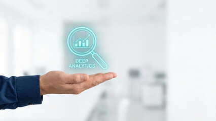 Business data, deep analytics, high level planning, digital dashboard icon over open hand, modern office background and innovation concept