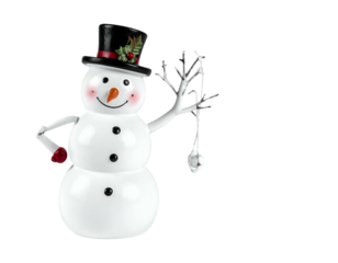 A festive snowman with a hat and holly, holding ornaments