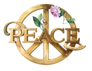 Wooden peace sign with "PEACE" text and floral accents