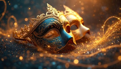 Elegant gold ornate masks rest on sparkling dark surface. Intricate patterns adorn Venetian masquerade face coverings against cosmic starry background with light swirls. Luxury event costume detail.