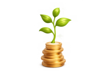 Green plant growing from stacking coins representing financial growth, investment, savings, profit, and successful business development