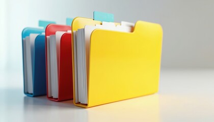 Line of colorful file folders in blue red and yellow containing white papers. Office documents sorted and organized for easy access. Business storage solution.