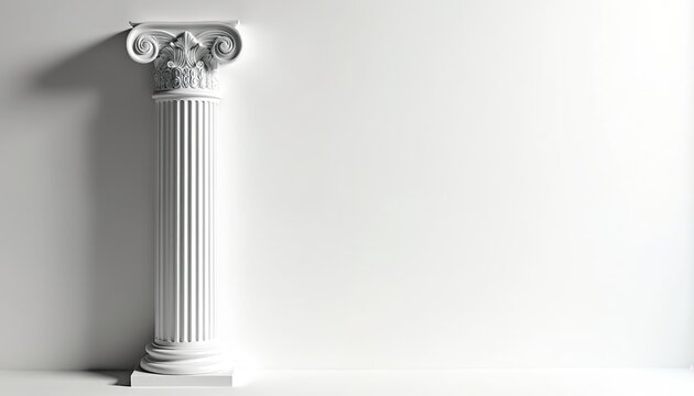 Elegant white ionic column stands alone against a clean white background. Classical architecture element casting a soft shadow. Simple, minimalist design.